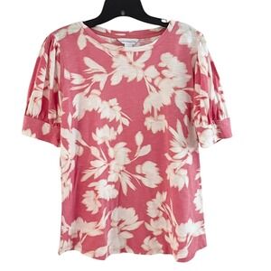 Liz Claiborne Women's M Medium Floral Print Top Pink and White Puff Short Sleeve